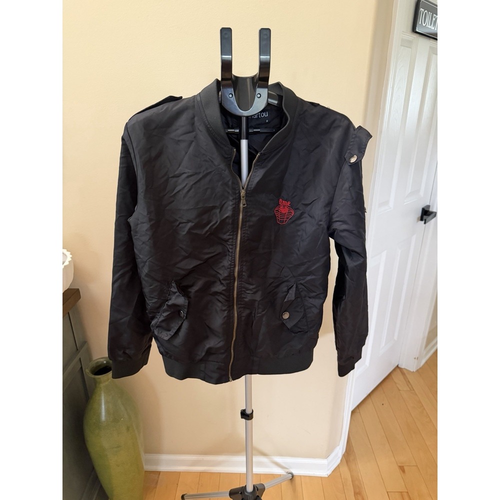 Chartou Men's Medium Black Bomber Jacket Embroidered Snake Back Full Zip